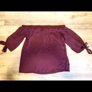 Off Shoulder Maroon Silk Long Sleeve, Tie Sleeve
